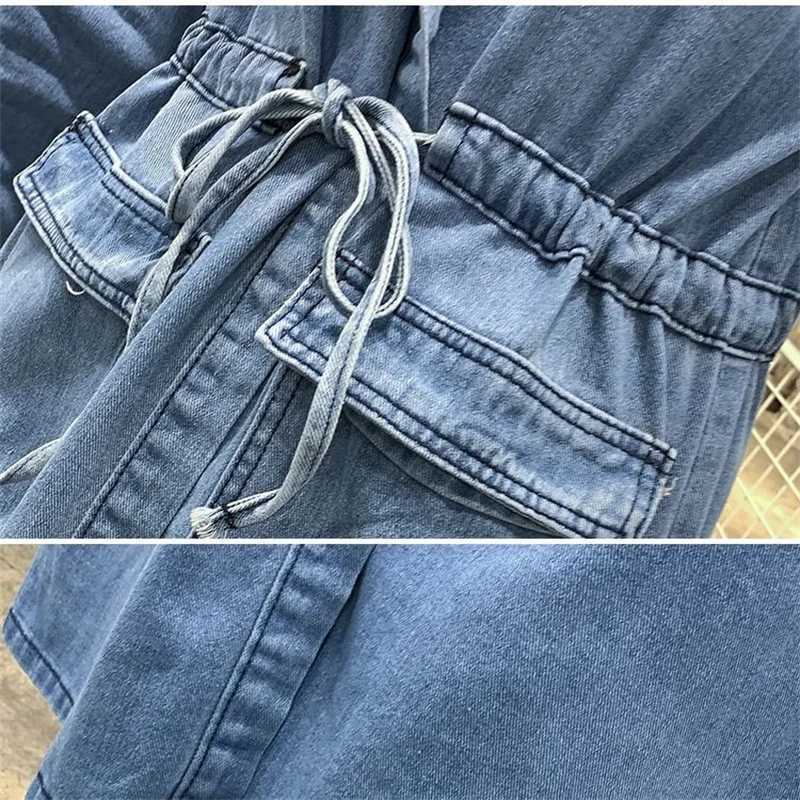 Blue Long Denim Hooded Windbreaker Jacket Long Sleeve Loose Coat Female Lace Up Drawstring Lady Outwear Plus Size Spring AutumnX240921