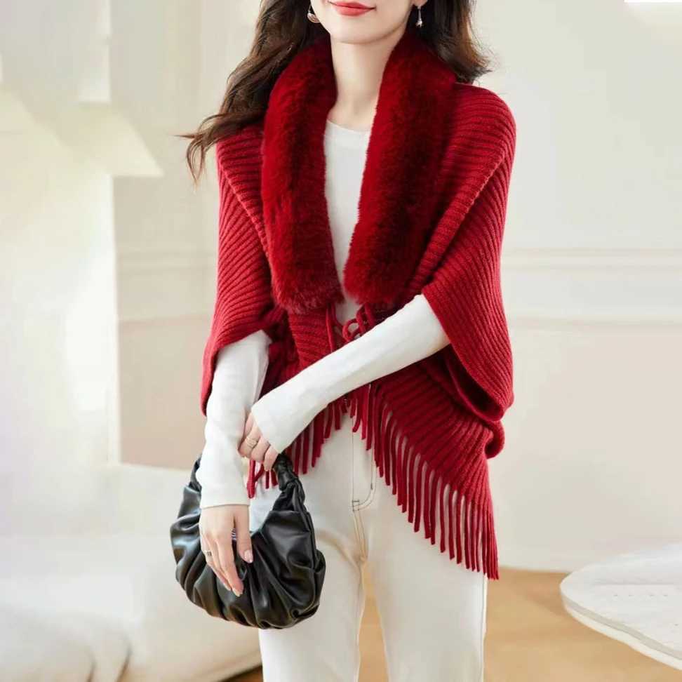 Womens Raincoat Spring Automatic Wool Knitted Artificial Fur Collar Tassel Shawl Cloak Elegant Loose High Quality Wrap Open Collar Warm Coat W240921