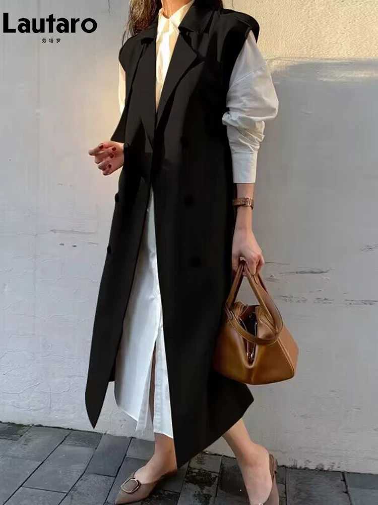 Lautaro Spring Autumn Long Khaki Sleeveless Trench Coat for Women with Belt Double Breasted Loose Casual Vest 2023 New ArrivalsX240921