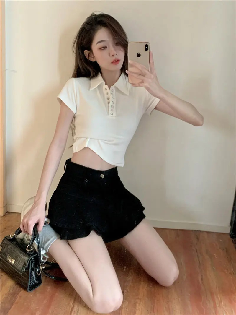 Designer women's Polo collar shirt sexy crop top plain color women's T-button slim fit white women's clothing 2024 sales trend youth ba
