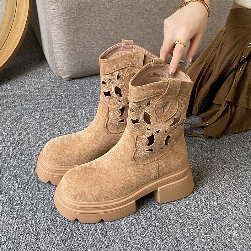 Women Fashion Hollow Design Martin Boots Leather Vintage Style Thick Sole Trendy Winter Shoes Triple Apricot Brown Free shipping 61a4