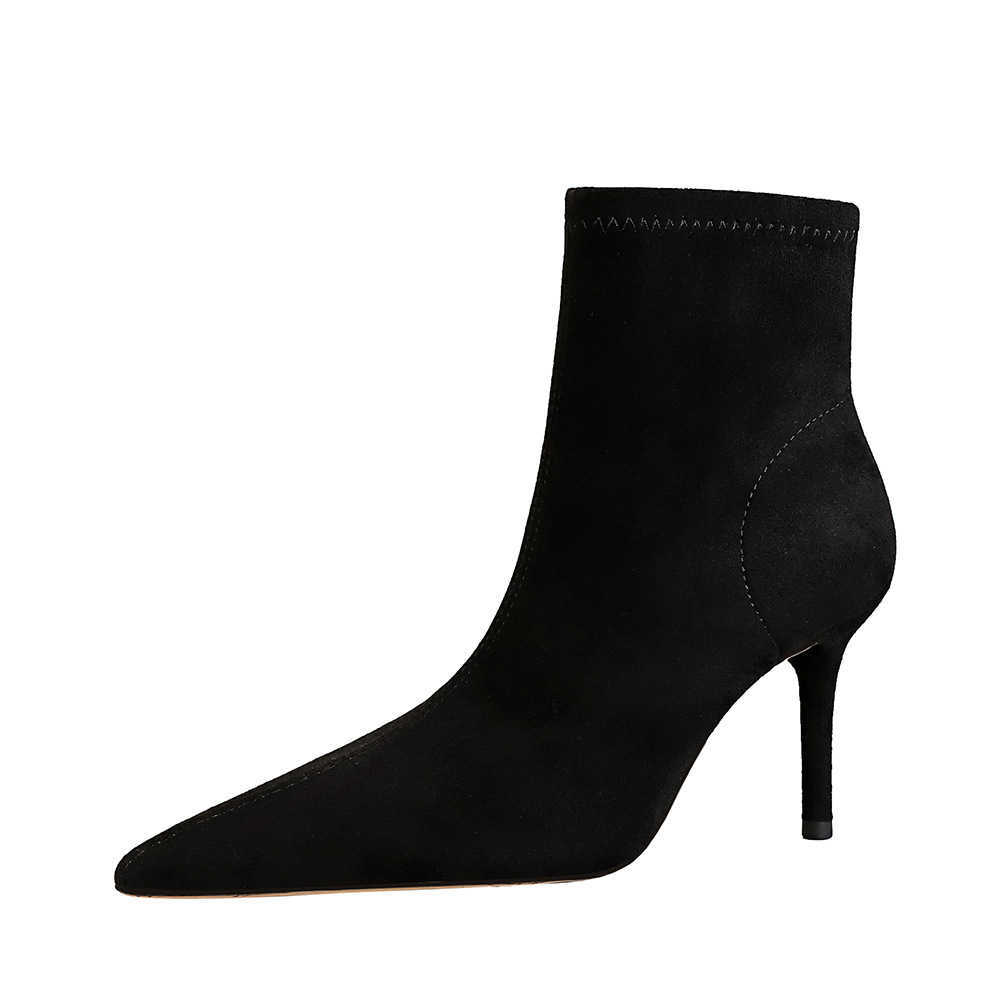 CMM Simple Thin Heel High Heel Suede Pointed Sexy Nightclub Slim High Heel Boots Short Tube Womens Boots