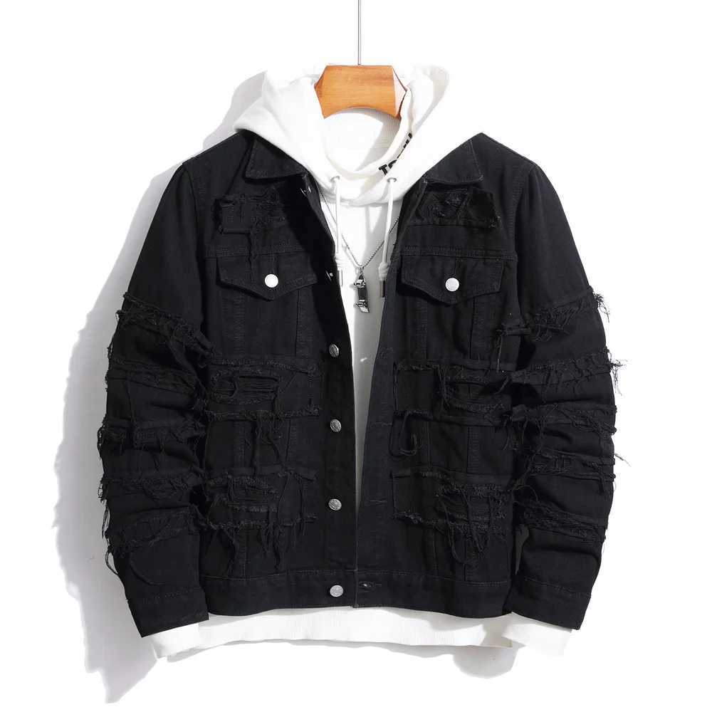 Street clothing mens stacked splicing tear ultra-thin denim jacket mens high-quality solid jacketW240711