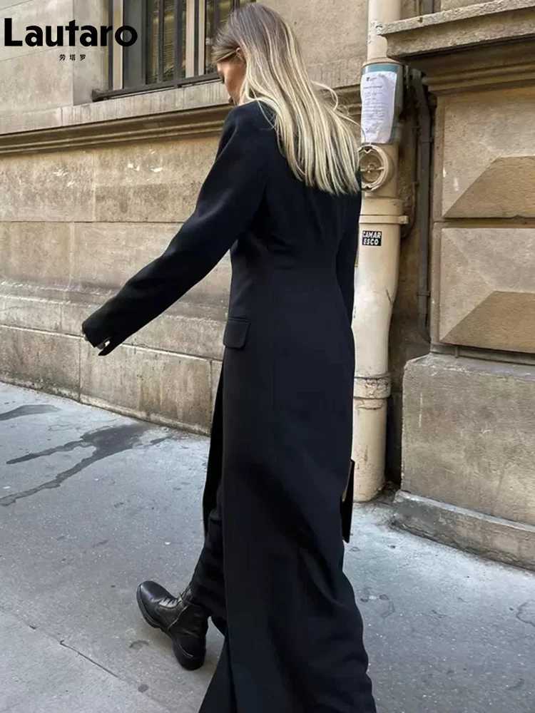plusizeshe Spring Autumn Extra Long Black Fitted Trench Coat for Women Single Breasted Elegant Chic Luxury Maxi Overcoat 2024X240921