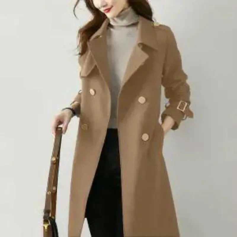Elegant Womens Trench Coat New Solid Color Double Breasted Mid Length Ladies Office Windbreakers Womens Basic Coat OuterwearX240921