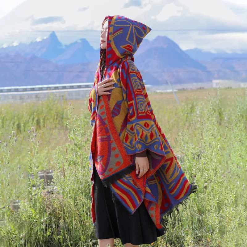 WeHello autumn and winter new shawl women imitate cashmere warm bohemian ethnic style hat cloak travel style W240921