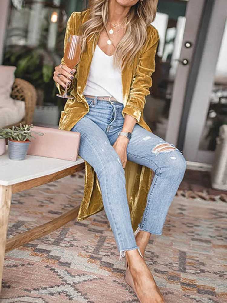 Freeacy Womens Elegant Solid Color Outerwear Velvet Long Sleeves Coat Autumn New Female Elegant Collarless Long Cardigan CoatsX240921
