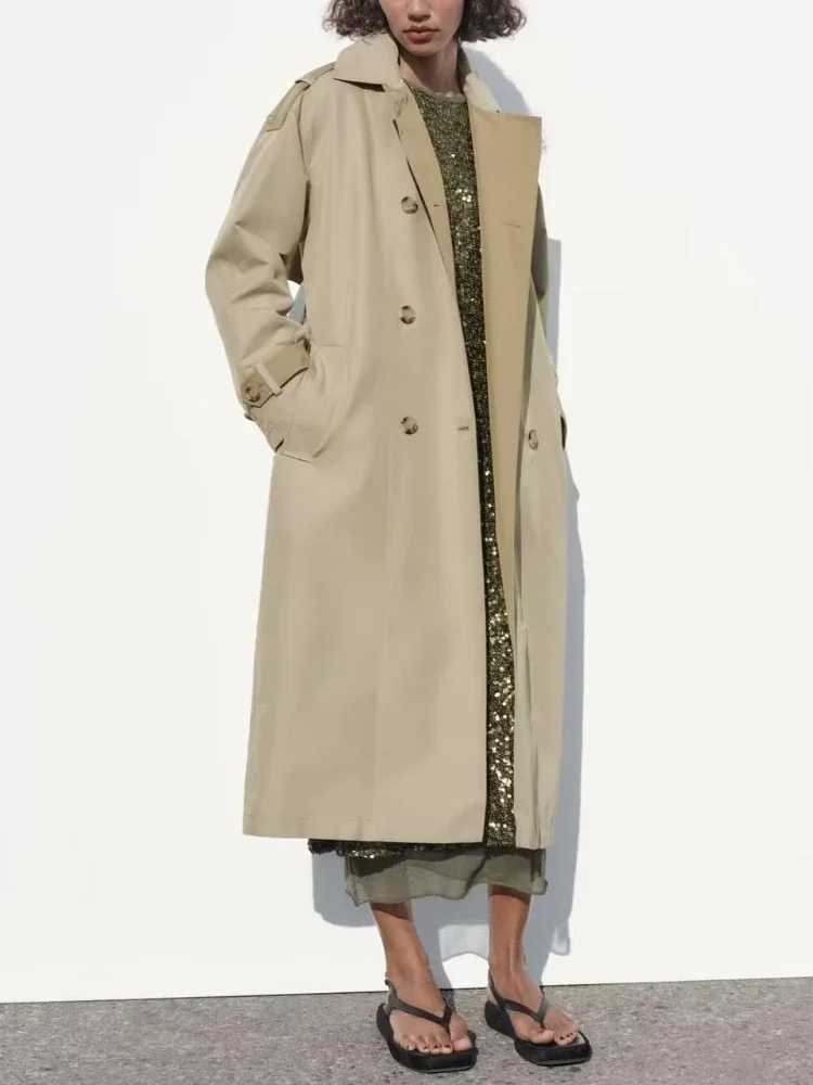 New Women Long Sleeved Lapel Double Breasted Matching Belt Contrast Loose Windbreaker Coat Large Version Windbreaker JacketX240921