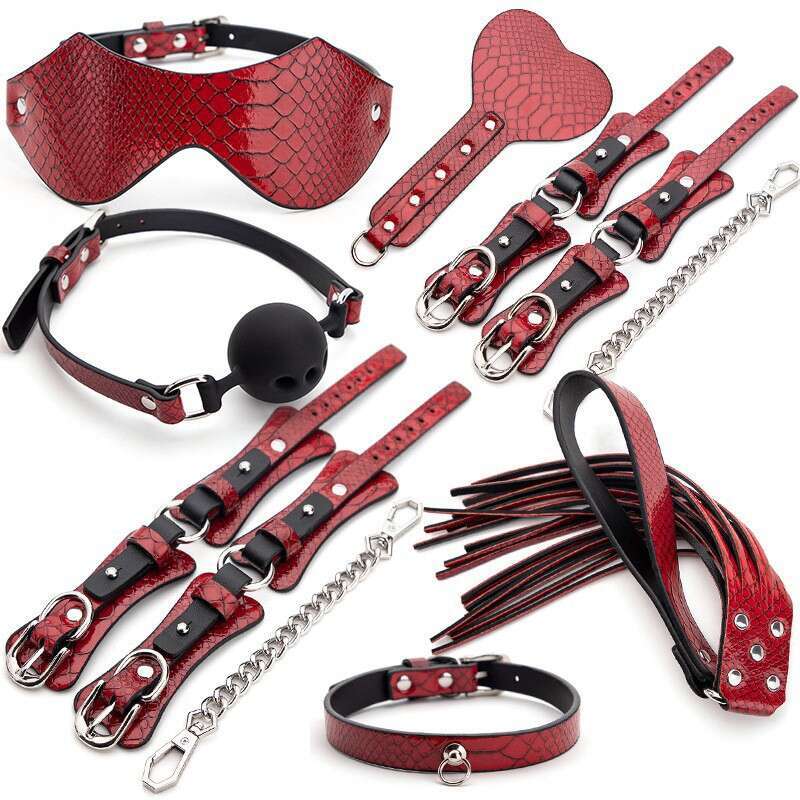 Crocodile Pattern SM Prop 7-Piece Set Couple Binding and Binding Set PU Leather Whip Handcuffs Collar SM Supplies Hair Replacement