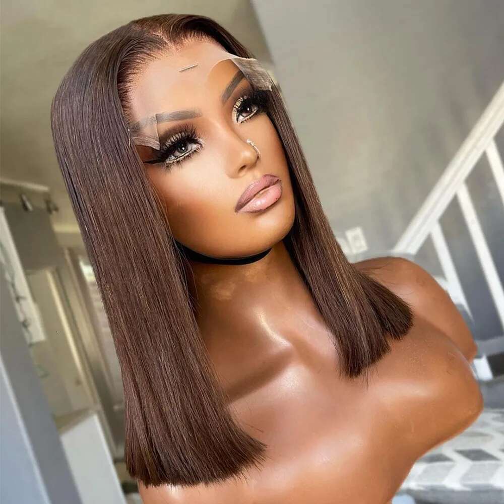 Chocolate Brown 13x4 Frontal Human Hair Wigs Bury Highlight 99J Straight Lace Front Short Bob Wig