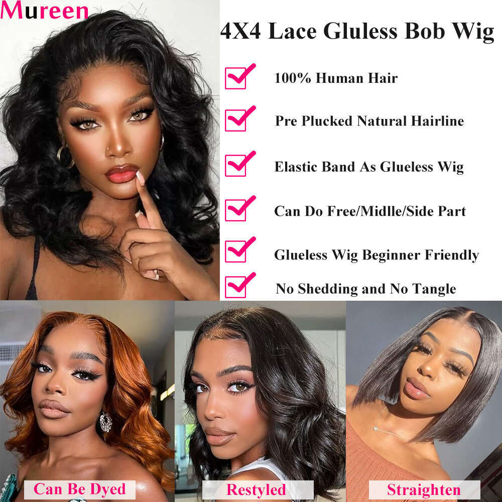 Mureen 250% Density Body Wave Wear And Glueless Bob For Women Ready To Go Wigs 4x4 Lace Closure Wig Human Hair
