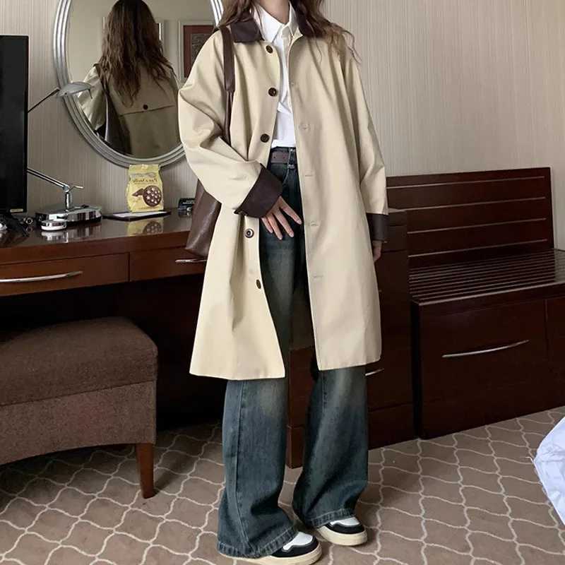 Korean College Style Vintage Medium-length Trench Coat Jacket for Women Fashion Chic Single Breasted Lapel Loose Beige OuterwearX240921