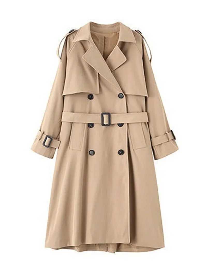 Vintage V Neck Double Breasted Windbreaker Coats Women 2022 Casual Solid Color Slim Fit Long Coat Elegant Trench Coat for WomenX240921