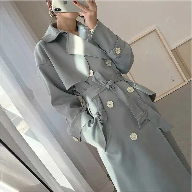 Korean Elegant Mid-length Apricot Light Blue Windbreaker With Sashes Women Autumn Lapel Double Breasted Long Sleeve Trench CoatX240921