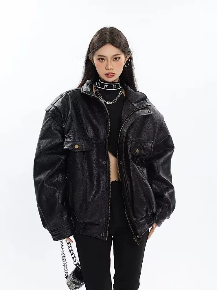 Thick black Pu leather jacket for womens bomber in spring and autumn oversized windproof zipper er motorcycle unisex 240921