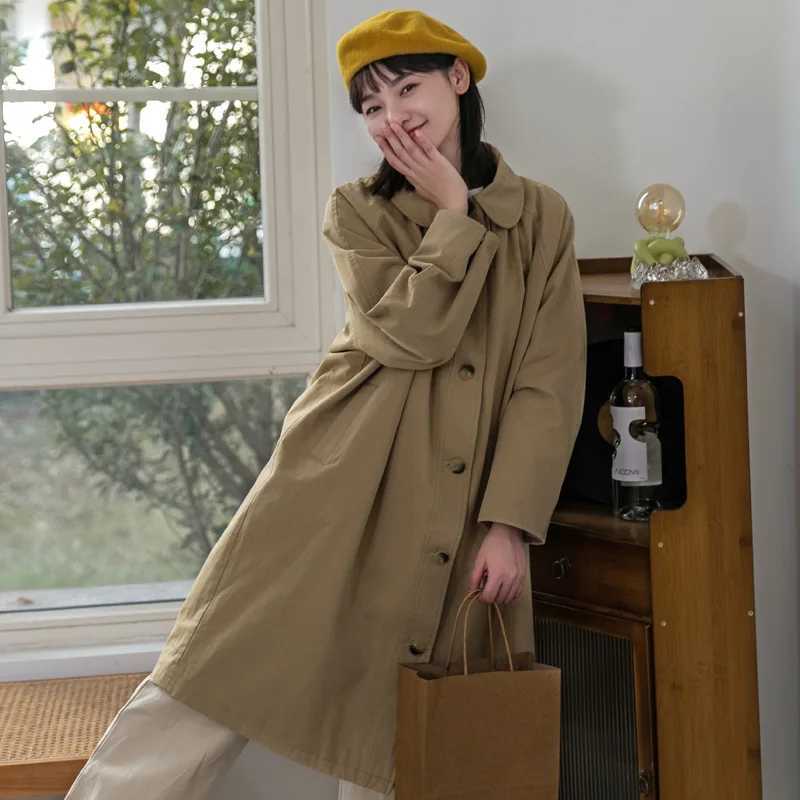 Khaki Long Trench Coats Women Japanese Style Long Jacket Fall Spring Cute Doll Collar Button Up Loose Causal Windbreaker ClothesX240921