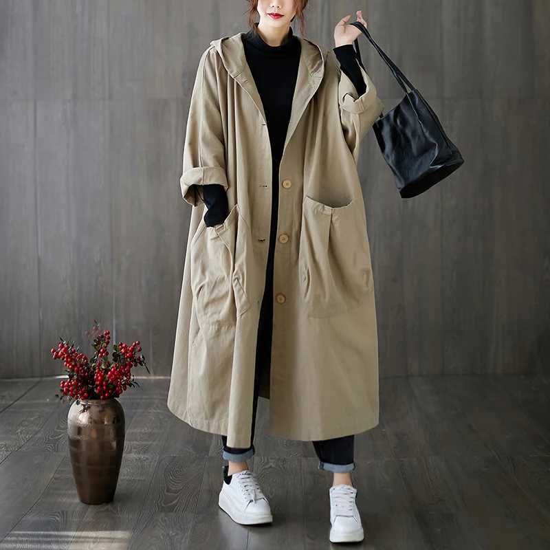 Woman Long Coat Fashion Korean Windbreaker Big Size Ladies Trench 2021 Autumn Hooded Loose Pockets Cardigan Women Long CoatX240921