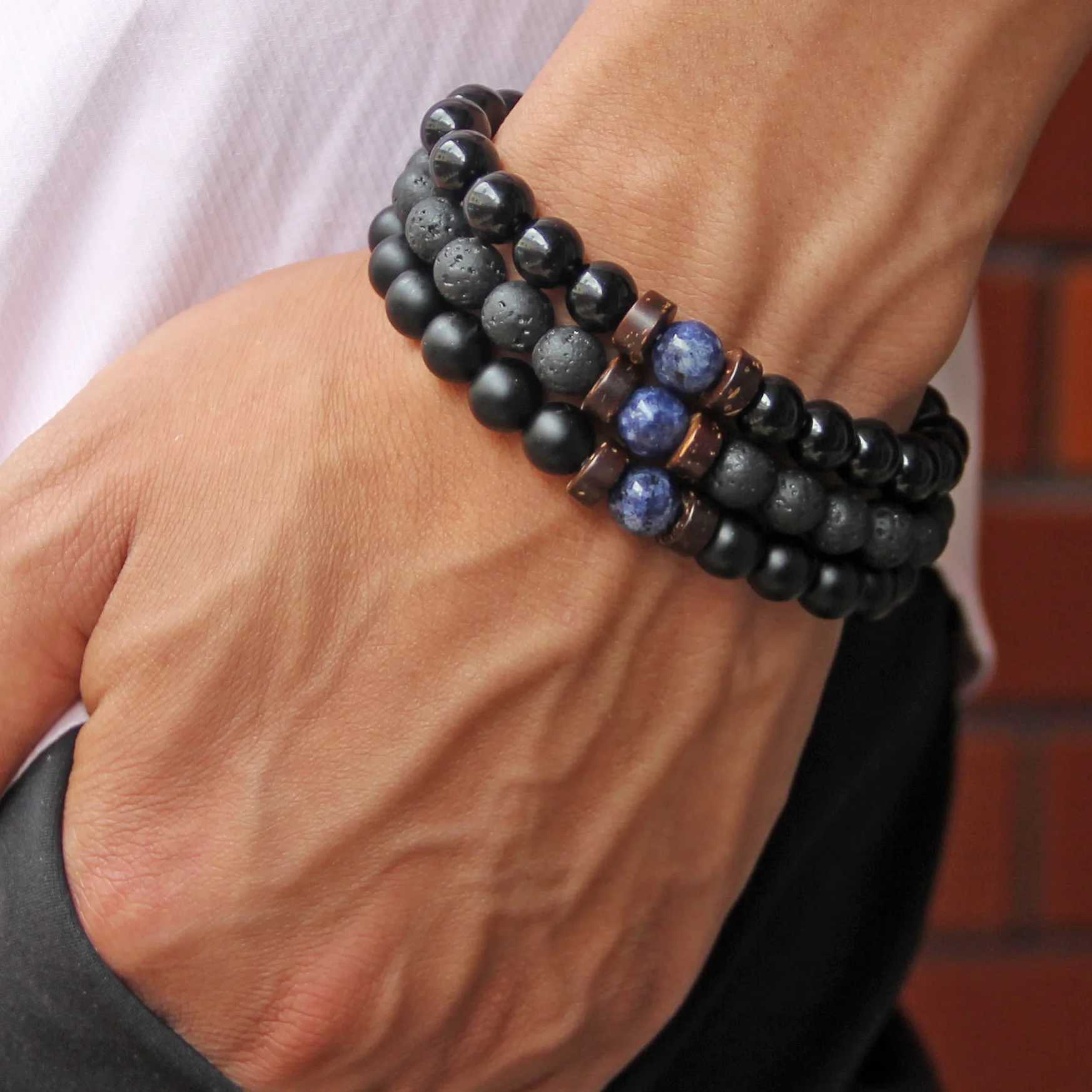 Natural Volcanic Stone Bracelets Charms Men Black Lava Matte Beads Bangles Women Yoga Prayer Jewelry Gift Cute Hand BraceletX240921