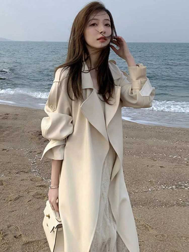 Trench Coat for Women 2023 Windbreaker Spring and Autumn High Grade Draping Medium Long Solid Color Temperament Slim Fit CoatX240921