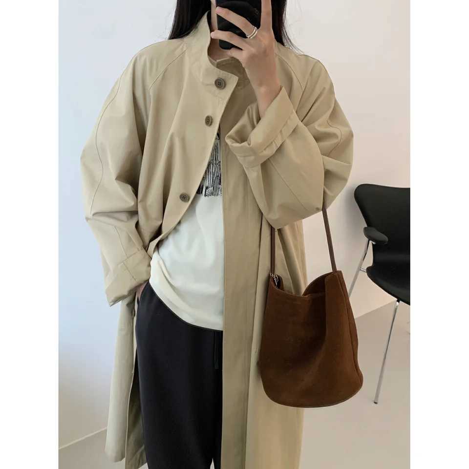 Autumn Long Stand Collar Trench Coat Women 2024 New Fashion Loose Lazy Casual Basic Trenches Over Knee Large SizeX240921