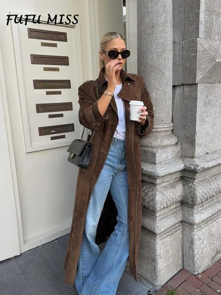 Vintage Khaki Suede Long Coat For Women Belt Lapel Long Sleeve Double-breasted Overcoat 2024 Autumn Lady High Street OutwearsX240921