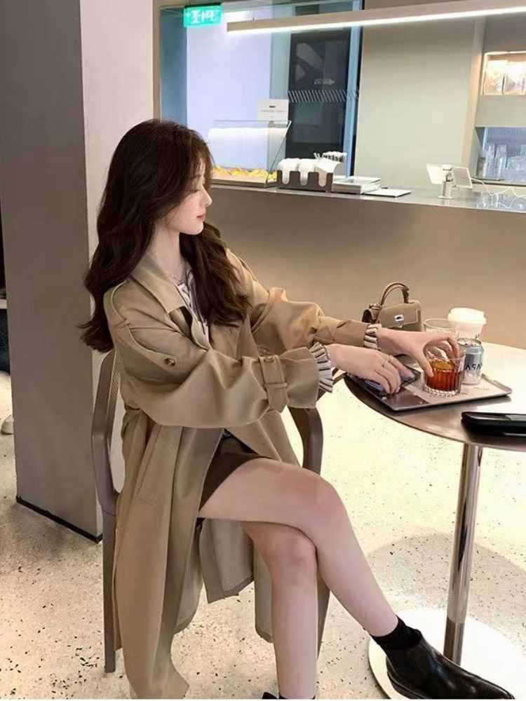 Trench Coat for Women 2023 Windbreaker Spring and Autumn High Grade Draping Medium Long Solid Color Temperament Slim Fit CoatX240921