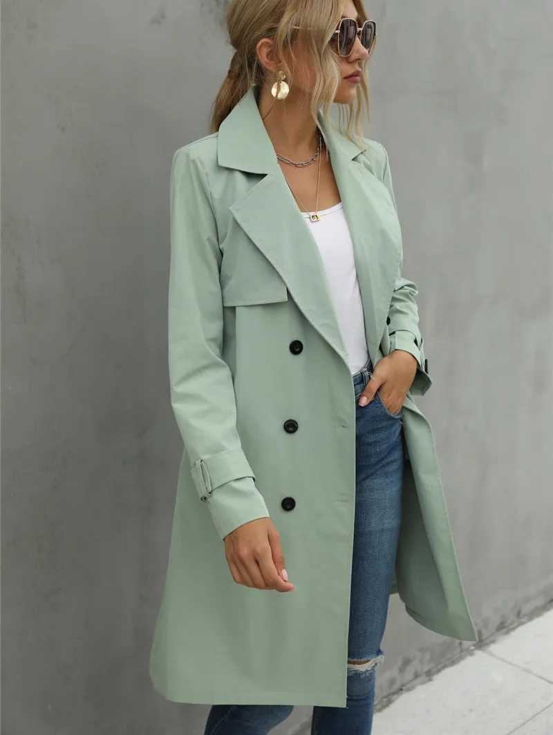 Fashion Women Trench Casual Solid Color Coat Adult Elagant Fashion Long Sleeve Lapel Neck Double Breasted Belted Coat For FemaleX240921