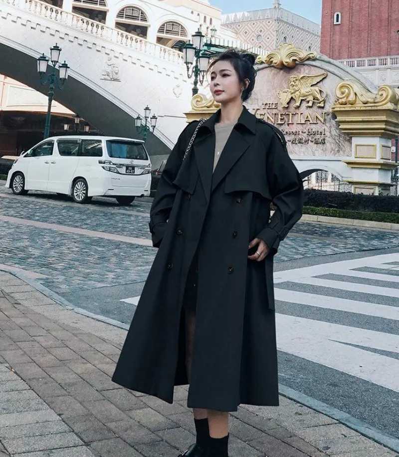 Autumn Trench Coat Double-Breasted Long Khaki Trench Coat for Women Casual Loose Jackets Classic Lapel Overcoat Belt StreetwearX240921