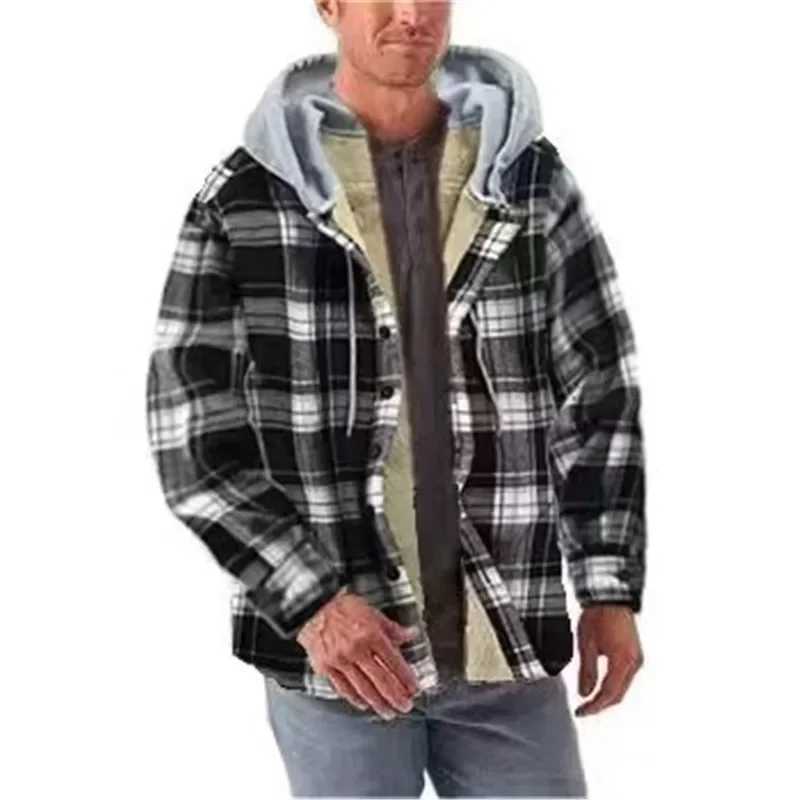 The New Plaid and Fleece Long Sleeve Hooded Combined Fleece Loose Mens Jacket Winter Jacket Men Jackets M240921