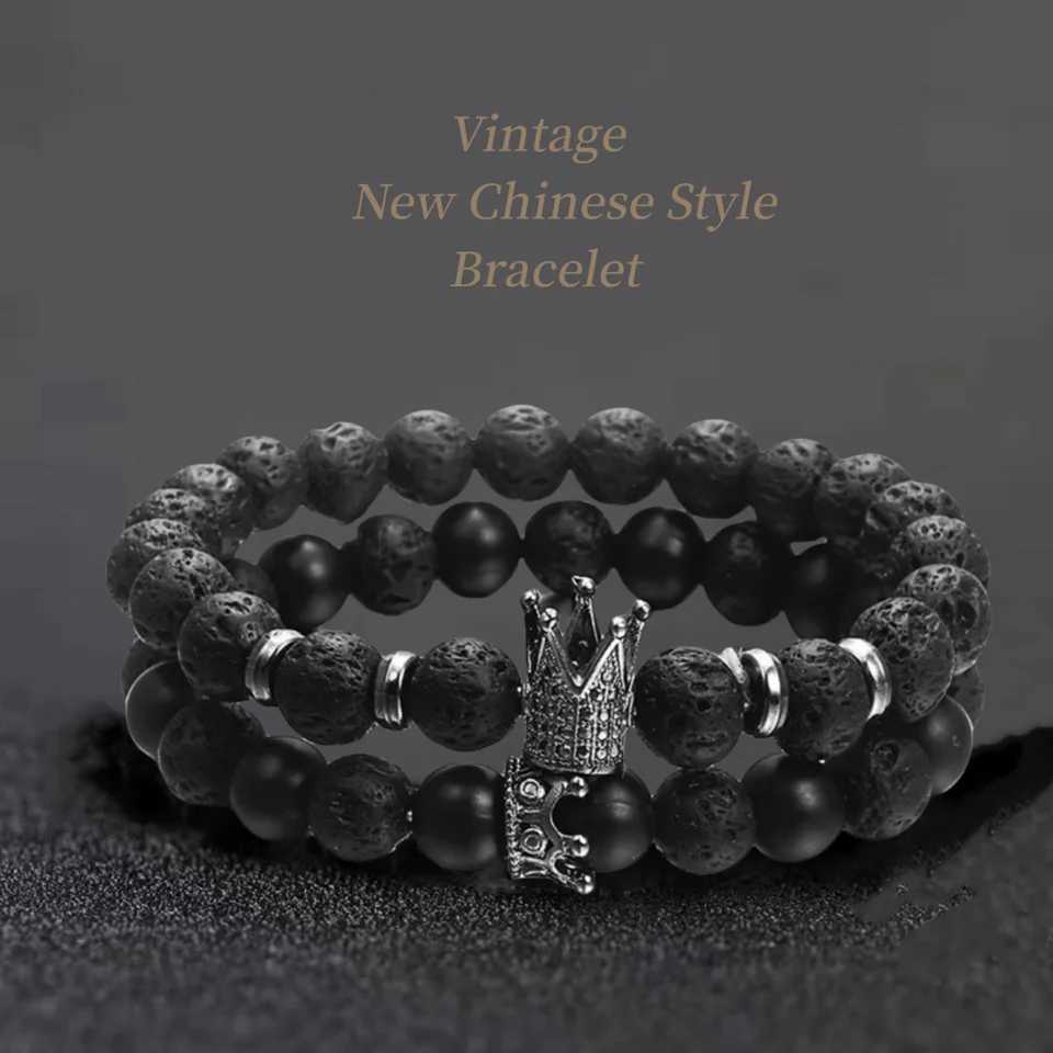 Classic Black Volcano Stone Bracelet with Textured Punk Charm Bracelet Unisex Style Mens and Womens Suitable BraceletsX240921