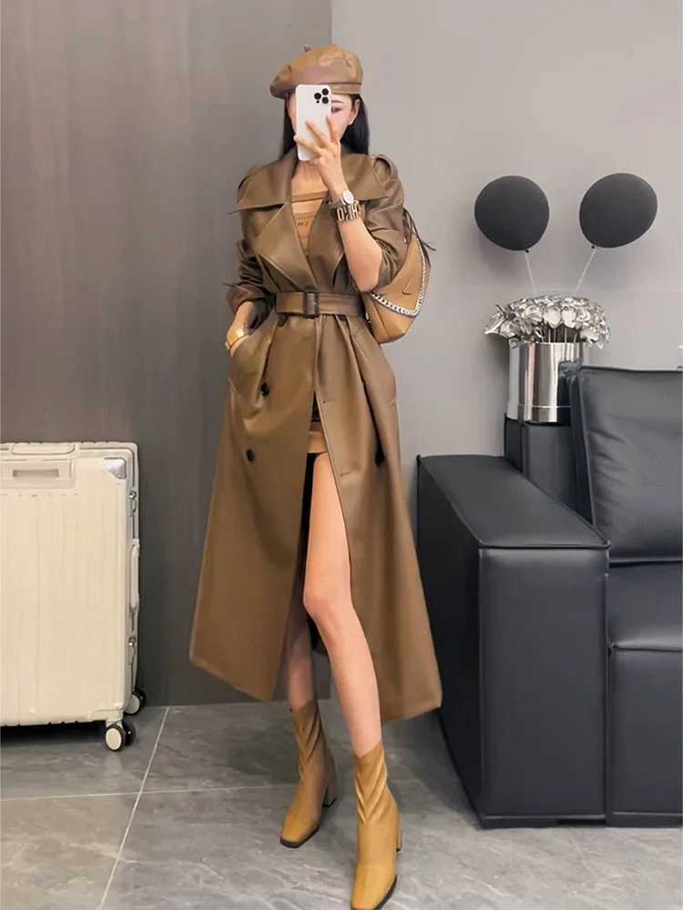 Spring Autumn Extra Long Oversized Cool Black Pu Leather Trench Coat for Women Belt Runway Fashion 2024X240921