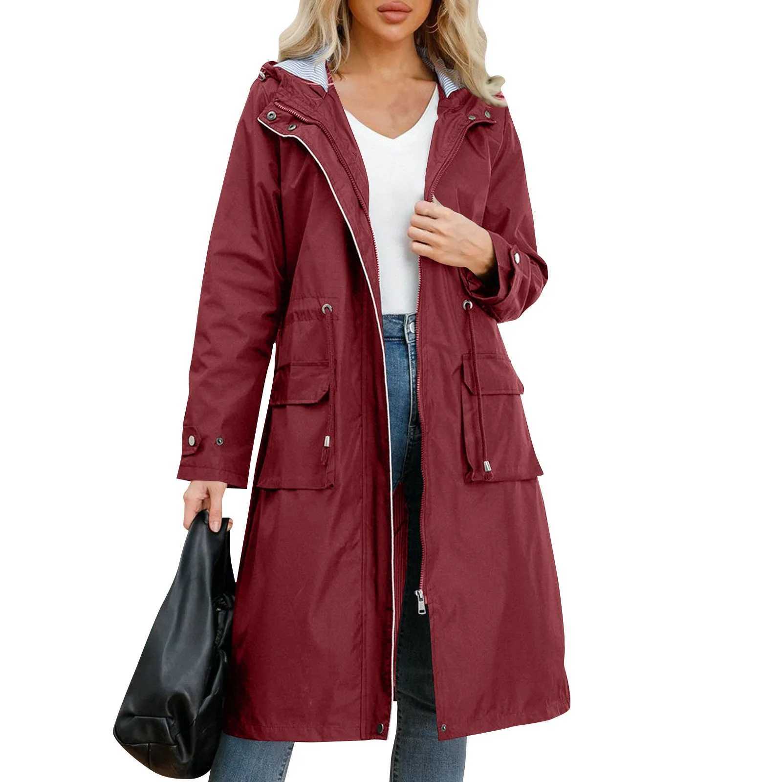WomenS Solid Hooded Jackets Autumn New Medium Length Windbreaker With Striped Daily Causal Comfortable Straight Tube TrenchX240921