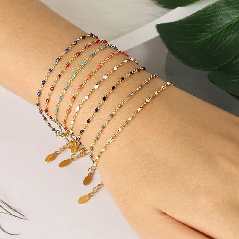 1PC Stainless Steel Link Cable Chain Bracelets Gold Color Metal Chains Multicolor Enamel Beads for Women Bohemian Jewelry Gifts 240919