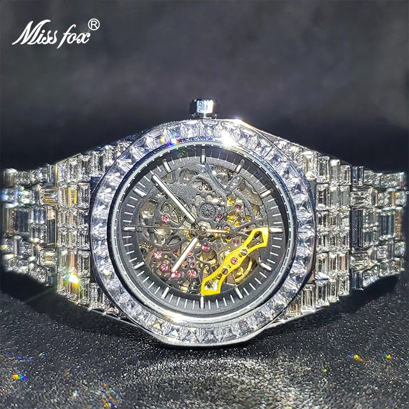 Skeleton Watch with Baguette Bezel Bracelet Mechanical Men Wristwatches Top Diamond Ice Out Automatic Watches 240909