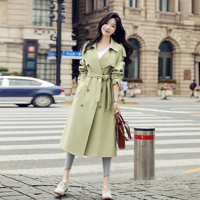 British Style Mid-Length Windbreaker With Belt Green Orange Spring Autumn New Women Casual Lapel Long Sleeve Female Trench CoatX240921
