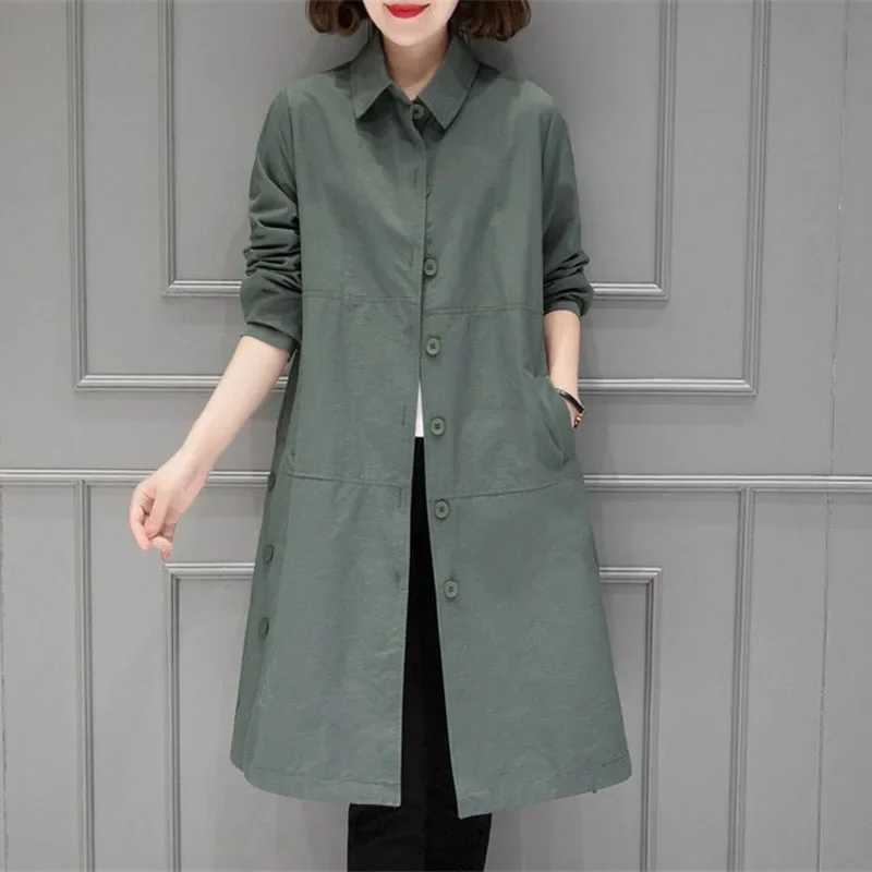 2024 Spring Autumn Brown Trench Coat Womens Mid-Long Windbreaker Fashion Loose Coat Single Breasted Outwear Overcoat FemaleX240921