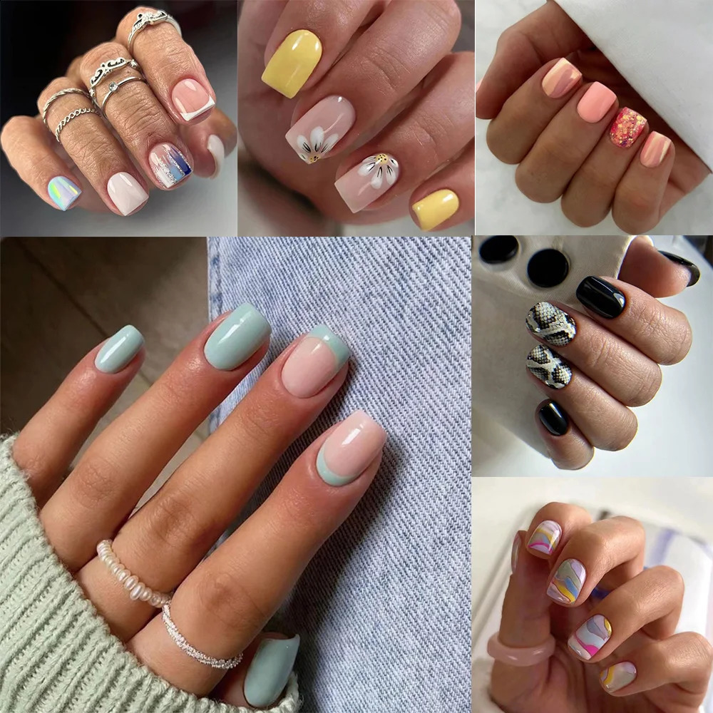 24pcs Fake Nails Square Head French Nail Press on Nails Waterproof Faux Short Fingernails 240914