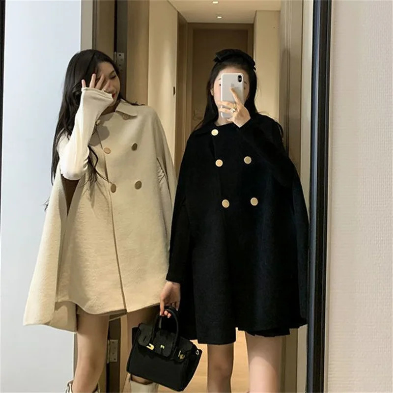 Fashion Woolen Poncho Coats for Women Autumn Winter Solid Cape Cloak Coat Loose Overcoat Female Double Breasted Lapel Jackets 240921 64