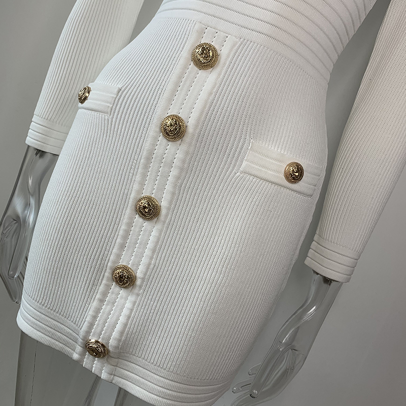 Harleyfashion New Fall Collection High Quality V-Neck Buttons Streetwear Casual White Sheath Knitted Dress