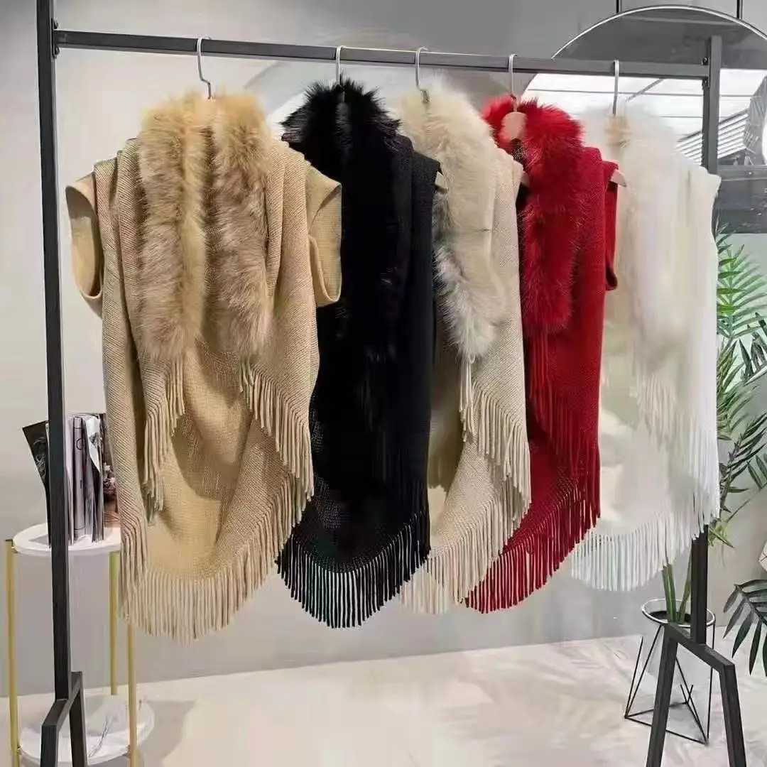 Fur collar winter shawl and wrap Bohemian edge oversized womens winter raincoat and shawl bat sleeve cardigan W240921