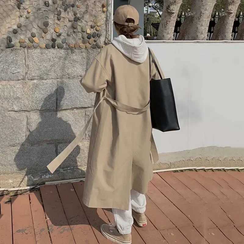 Autumn Women Khaki Trench England Style Elegant Single Breasted Long Coats Belt Slim Turn Down Collar Windbreaker FemaleX240921