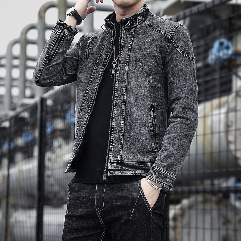 Mens Denim Jacket High-Quality Stand Collar Black Wool Thickened Warm Coat Male Street Fashion Zipper Slim Jackets Men Clothing