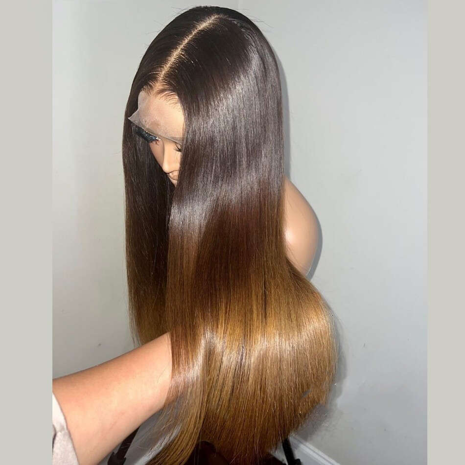Soft 26"Long Ombre Honey Blonde Brown Preplucked 180Density Glueless Straight Deep Lace Front Wig For Black Women BabyHair Daily