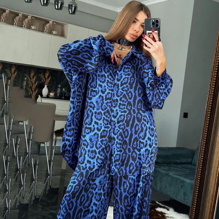 Women Long Sleeve Leopard Print Blouses Suits With Long Pants Fashion Blue Two Piece Sets Tracksuits Ladies Outfits 240918