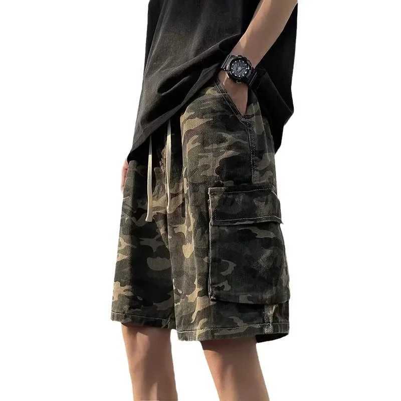 Vintage American Style Camouflage Cargo Pants For Men Loose Fit Ins Trendy Brand Oversize Drawstring Casual ShortsX240921