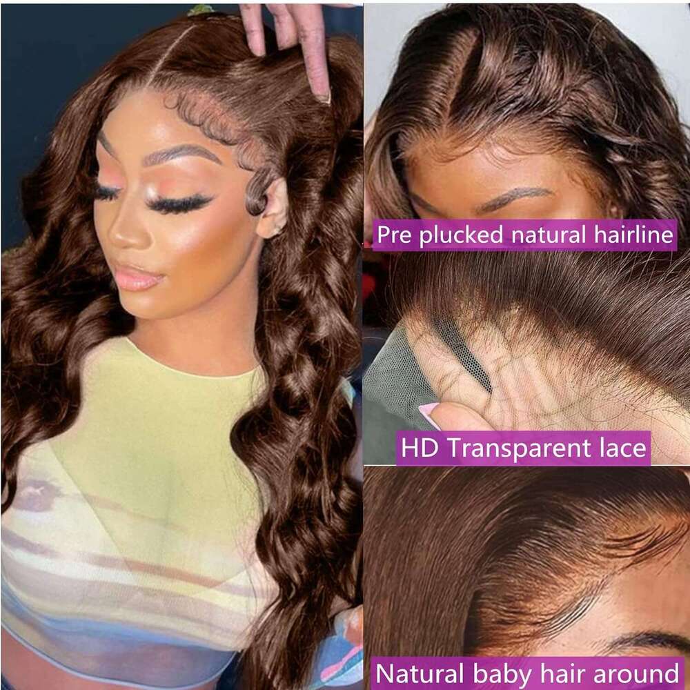13x6 Chocolate Brown Body Wave Front 360 hd Full Transparent Lace Frontal Wig Human Preplucked Brazilian Hair
