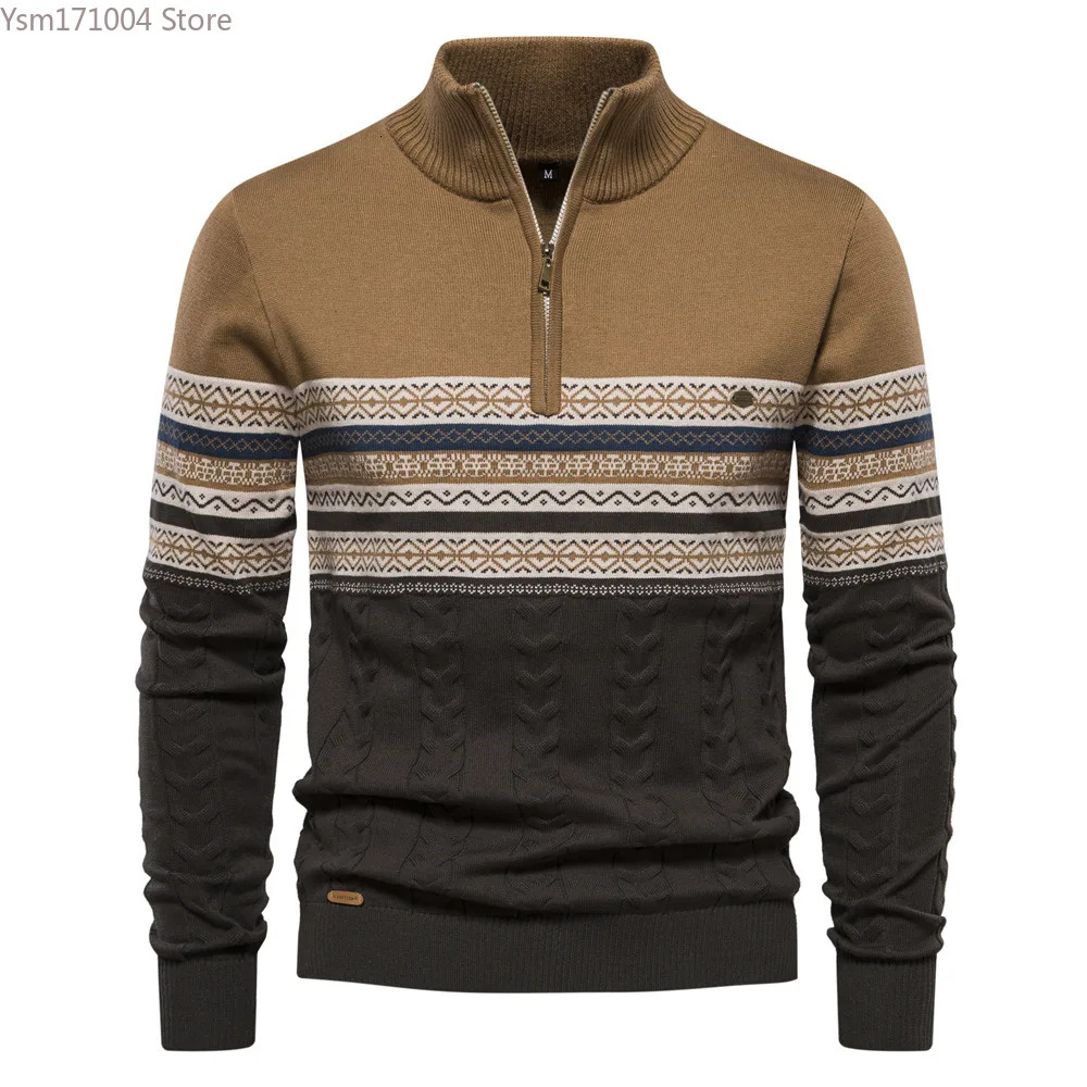 Men's Half Neck High Elastic Tight And Warm Knitted Pullover Casual Fashion Street Striped Sweater Men Clothing
