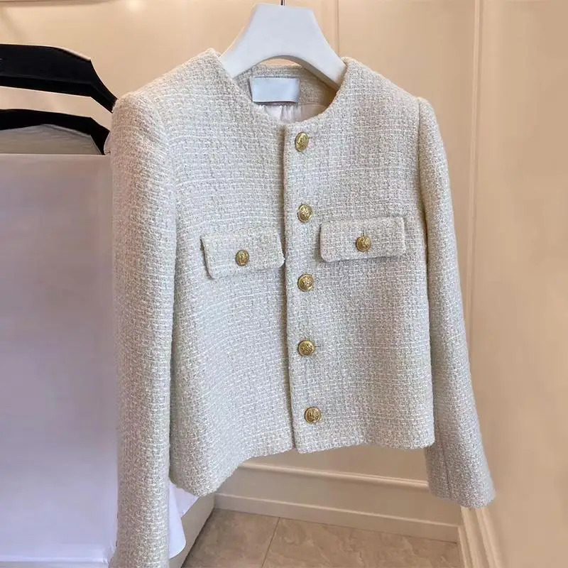 French Wool Tweed Coat Fashion High-End Gold Button Short Slim Temperament Spring And Autumn Korean Coats Women Jacket 2024