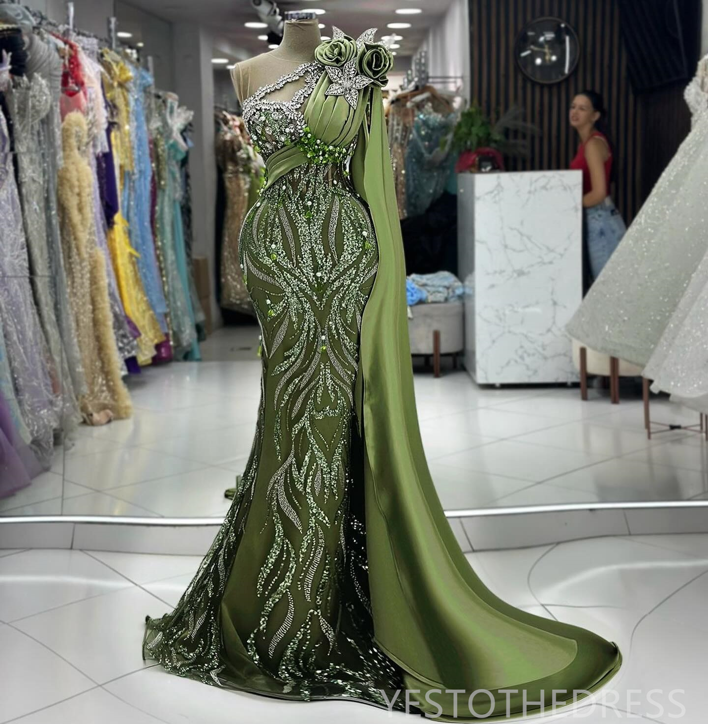 R&W 2024 Plus Size Green Prom Mermaid Promdress Evening Formal One Shoulder ra Beaded Lace Birthday Dress Second Reception Gowns Vestido De Sorrie AM1