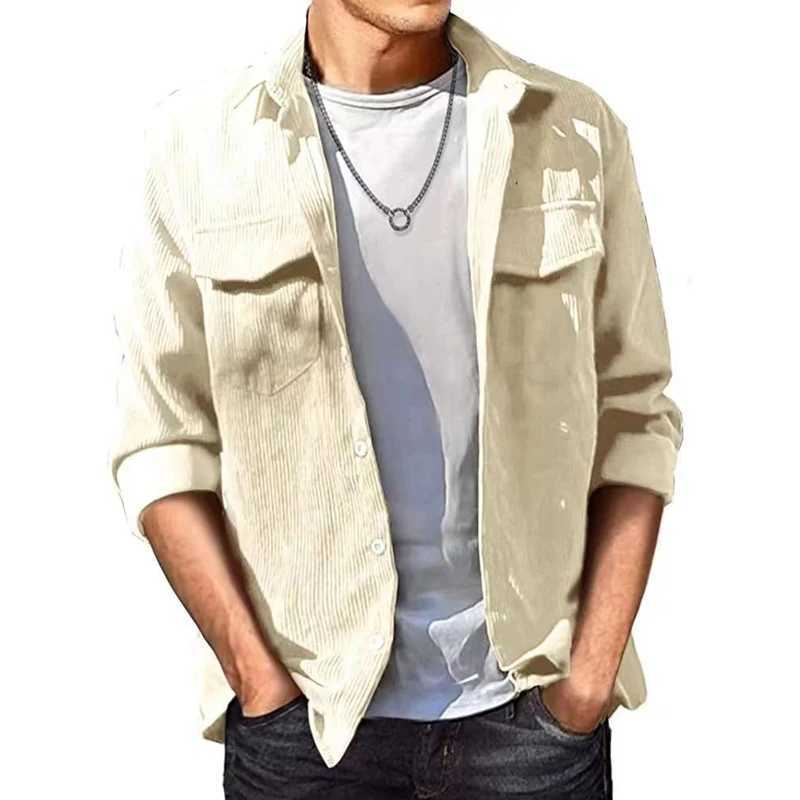 Men Spring Autumn Long Sleeve Corduroy Turndown Collar Double Pockets Shirts Casual Tops Loose Blouse Male Shirts Streetwear M240921